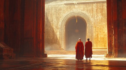 Mountain temple with monks in meditation, showcasing spiritual practice and devotion.