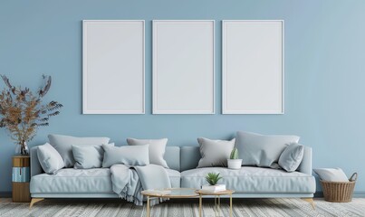 Modern living room interior with a light blue sofa. a coffee table. a plant. and three blank frames on the wall