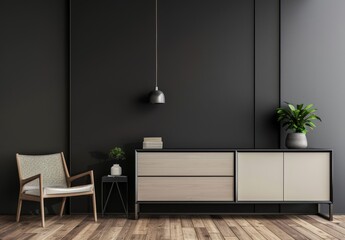 Minimalist living room interior with a wooden chair. side table. and cabinet against a black wall