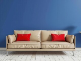 Beige sofa with red pillows in front of a blue wall