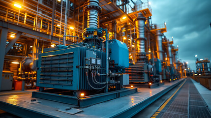Industrial machinery operates at twilight in a power plant. Generative AI