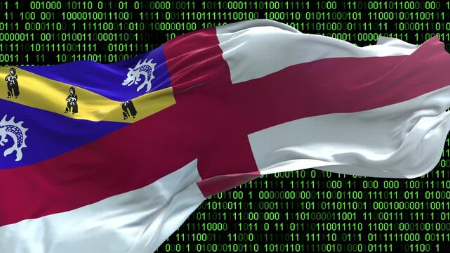 Herm flag - 3D realistic waving flag on matrix digital background with binary code