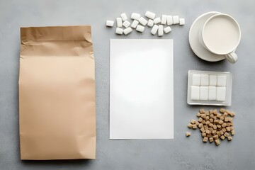 Composition with Blank Cup, Paper Bag, and Sugar Pack Mockup