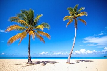 Fototapeta premium Serene beach scene under blue sky palm trees sand