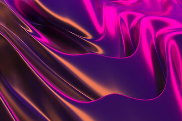 Vibrant abstract waves of shiny silk with neon pink and purple hues. 3d render