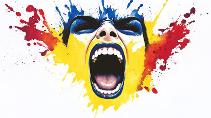 A vibrant artistic representation of a person screaming, with bold colors splashed around the face. The background features yellow, blue, and red paint splatters, creating a dynamic, emotional effect.