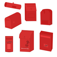 Set of red postboxes isolated, mailboxes flat design