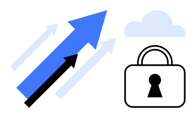 Arrows moving upwards towards cloud next to lock indicates data security and growth. Ideal for technology, cloud computing, cybersecurity, data encryption, growth, and innovation. Line metaphor