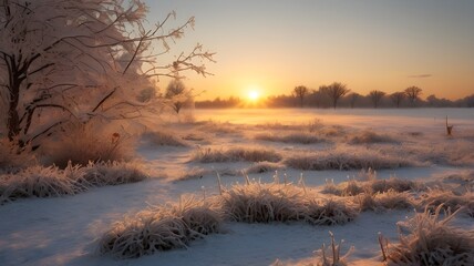 Obraz premium /imagine: Frosty grass shimmering under the tender light of a winter sunrise, a blanket of snow stretching out into the vibrant dawn horizon --ar 3:2 --v 4 