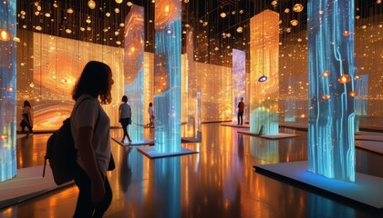 Visitors exploring an art installation featuring illuminated pillars and galactic projections, creating a captivating multi-sensory experience.