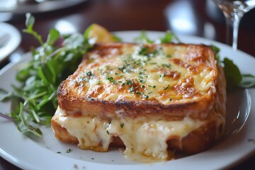 A close-up of a tasty croque monsieur served on a white plate