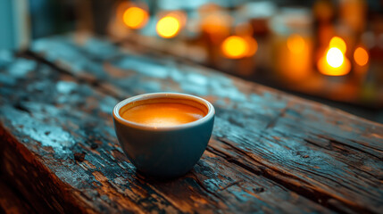 Warm cup of espresso on a rustic wooden table in evening. Generative AI