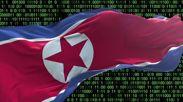 Korea North flag - 3D realistic waving flag on matrix digital background with binary code