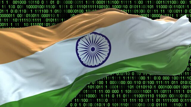 India flag - 3D realistic waving flag on matrix digital background with binary code
