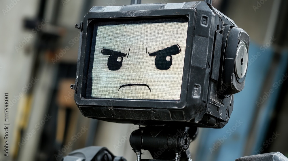 Poster humanoid robot with expressive facial screen reacts to emotions during interactive demonstration