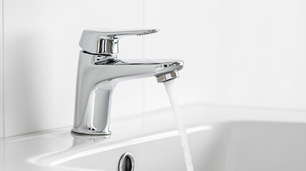 Close-up of a modern chrome faucet with running water, set against a white ceramic sink, showcasing a minimalist and clean design.