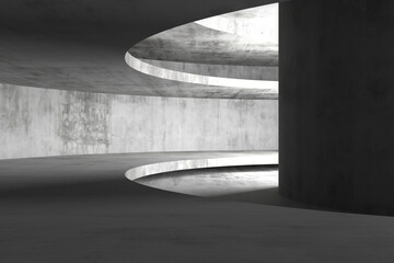 Abstract architectural concept of curved concrete walkway with circular openings. 3d render