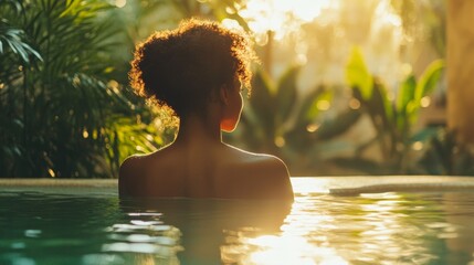 A serene outdoor spa session with a Black woman enjoying rejuvenation in natural sunlight by a lush poolside