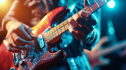 Obraz premium Intimate performance in an underground venue featuring a guitarist surrounded by a captivated audience at night
