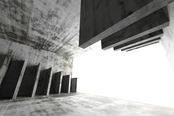 Abstract architectural space with geometric concrete structures and play of light. 3d render