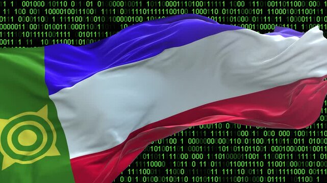 Khakassia flag - 3D realistic waving flag on matrix digital background with binary code