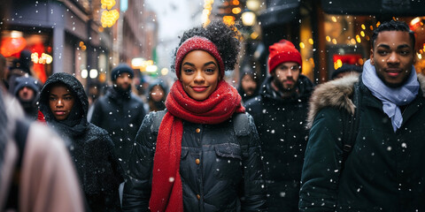 People walking in city street during snowfall.	