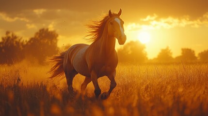 Golden horse running with a majestic mane flowing in a sunlit field, capturing natural beauty and elegance.