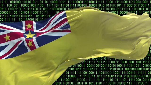 Niue flag - 3D realistic waving flag on matrix digital background with binary code