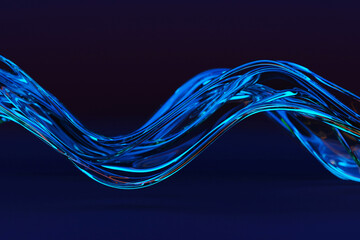 Abstract blue wave form with neon lights reflecting fluid dynamics. 3d render