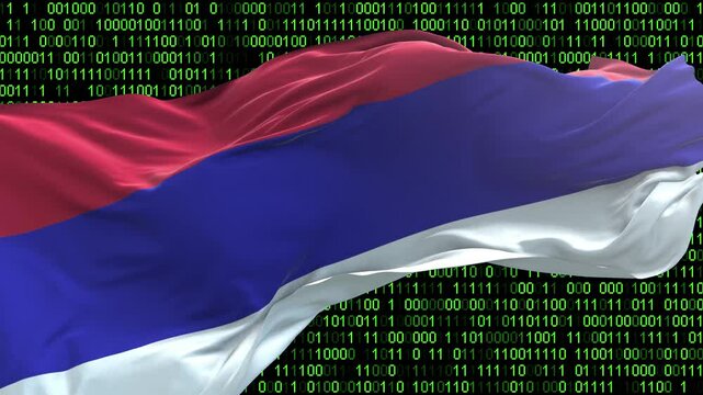 Republic of Srpska flag - 3D realistic waving flag on matrix digital background with binary code
