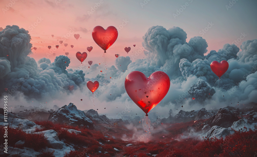 Poster bunch of red balloons with hearts on them are flying in the sky. there are at least nine balloons in