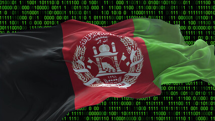 Afghanistan flag - 3D realistic waving flag on matrix digital background with binary code