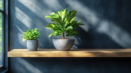 Fototapeta premium Green plant in a wooden pot featured in a modern minimalist interior design setting.