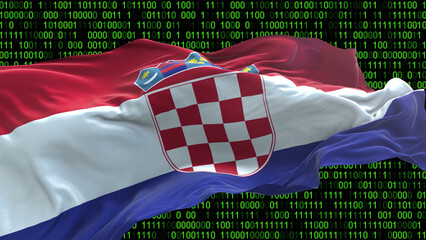 Croatia flag - 3D realistic waving flag on matrix digital background with binary code