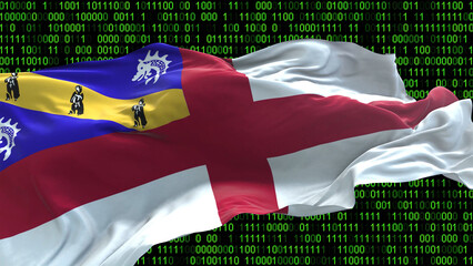Herm flag - 3D realistic waving flag on matrix digital background with binary code