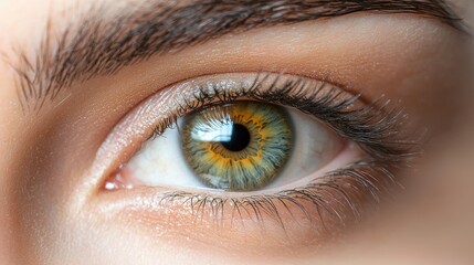 Close-up of a hazel eye with long eyelashes and defined brow.