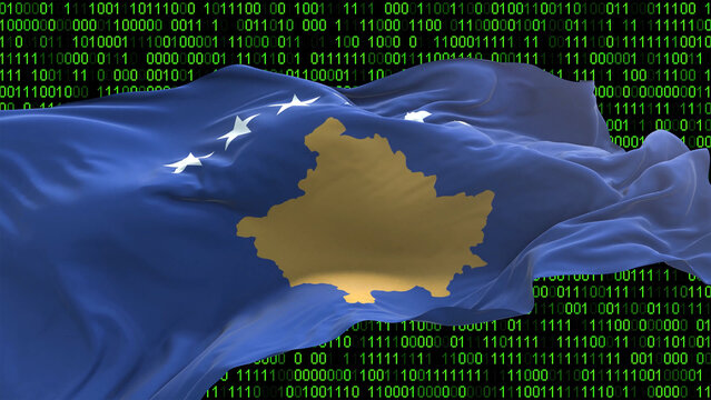 Kosovo flag - 3D realistic waving flag on matrix digital background with binary code