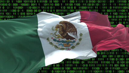 Mexico flag - 3D realistic waving flag on matrix digital background with binary code