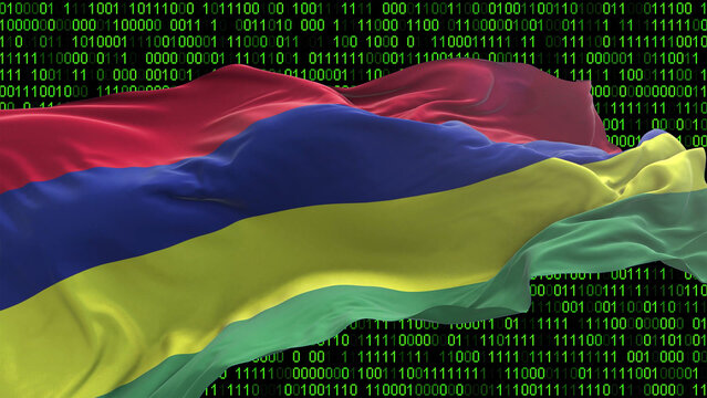 Mauritius flag - 3D realistic waving flag on matrix digital background with binary code