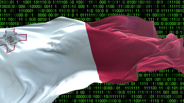 Malta flag - 3D realistic waving flag on matrix digital background with binary code