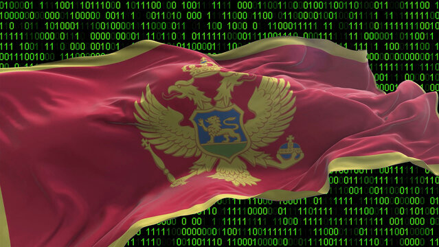 Montenegro flag - 3D realistic waving flag on matrix digital background with binary code