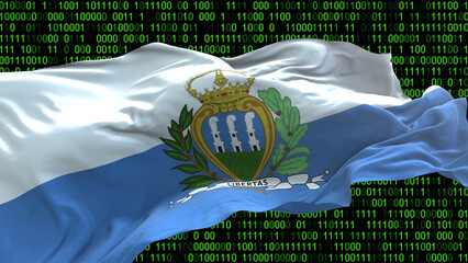 San Marino flag - 3D realistic waving flag on matrix digital background with binary code
