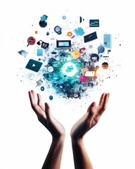 Hands cradling digital media burst; technological information.