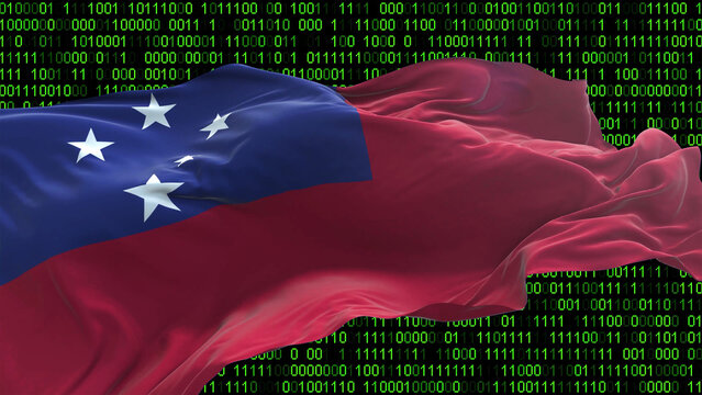 Samoa flag - 3D realistic waving flag on matrix digital background with binary code