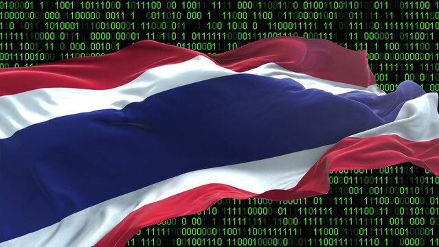 Thailand flag - 3D realistic waving flag on matrix digital background with binary code