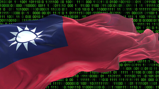 Taiwan flag - 3D realistic waving flag on matrix digital background with binary code
