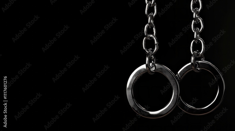Poster glistening metal rings dangle from a delicate chain, beautifully contrasting against the deep black 