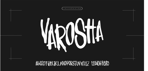 Varosha Font is Grunge Horror Font. Hand Made Brush Typeface. Vector Stock Illustration. Bloody Brush stroke Alphabet. Typography for scary headlines and horror movie scenarios Gore typography