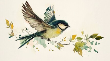 Watercolor painting of a bird in flight, perched on a branch with leaves.