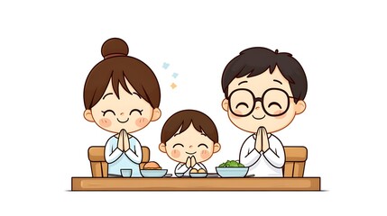 cartoon family praying together around a dinner table